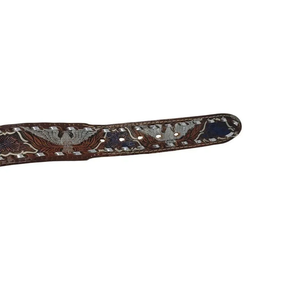 Handcrafted Brown Western Leather Belt Hand Painted Silver Eagle Embossing‎ 32